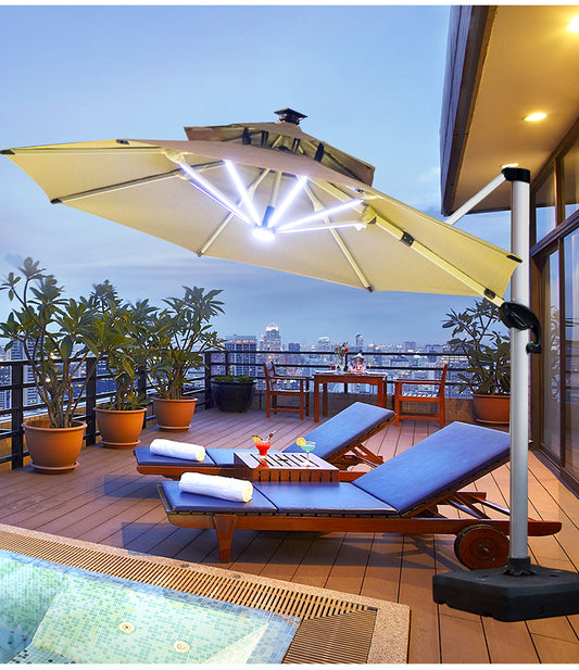 3M Patio Garden Cantilever Umbrella With Lights & Water Base Stand