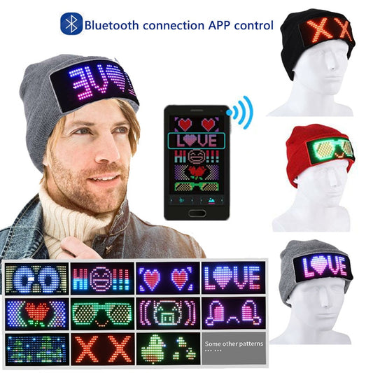 LED Party Beanie Hat with Bluetooth Control - Warm Knitted Hat with Customizable Languages and USB Charging