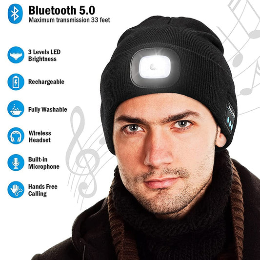 USB Rechargeable LED Headlamp Bluetooth Hat with Built-in Headphones and Mic